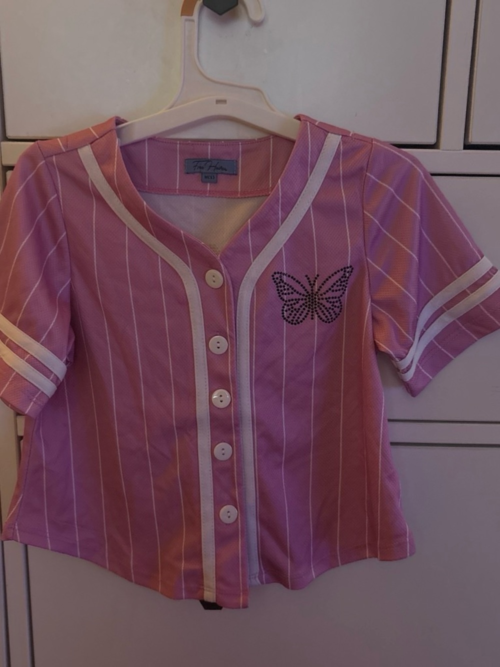 Pink Striped Button-Front Girls Top with Butterfly Accent